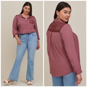 Torrid Button Up Blouse, Lace Detail, Women's 2X, Maroon